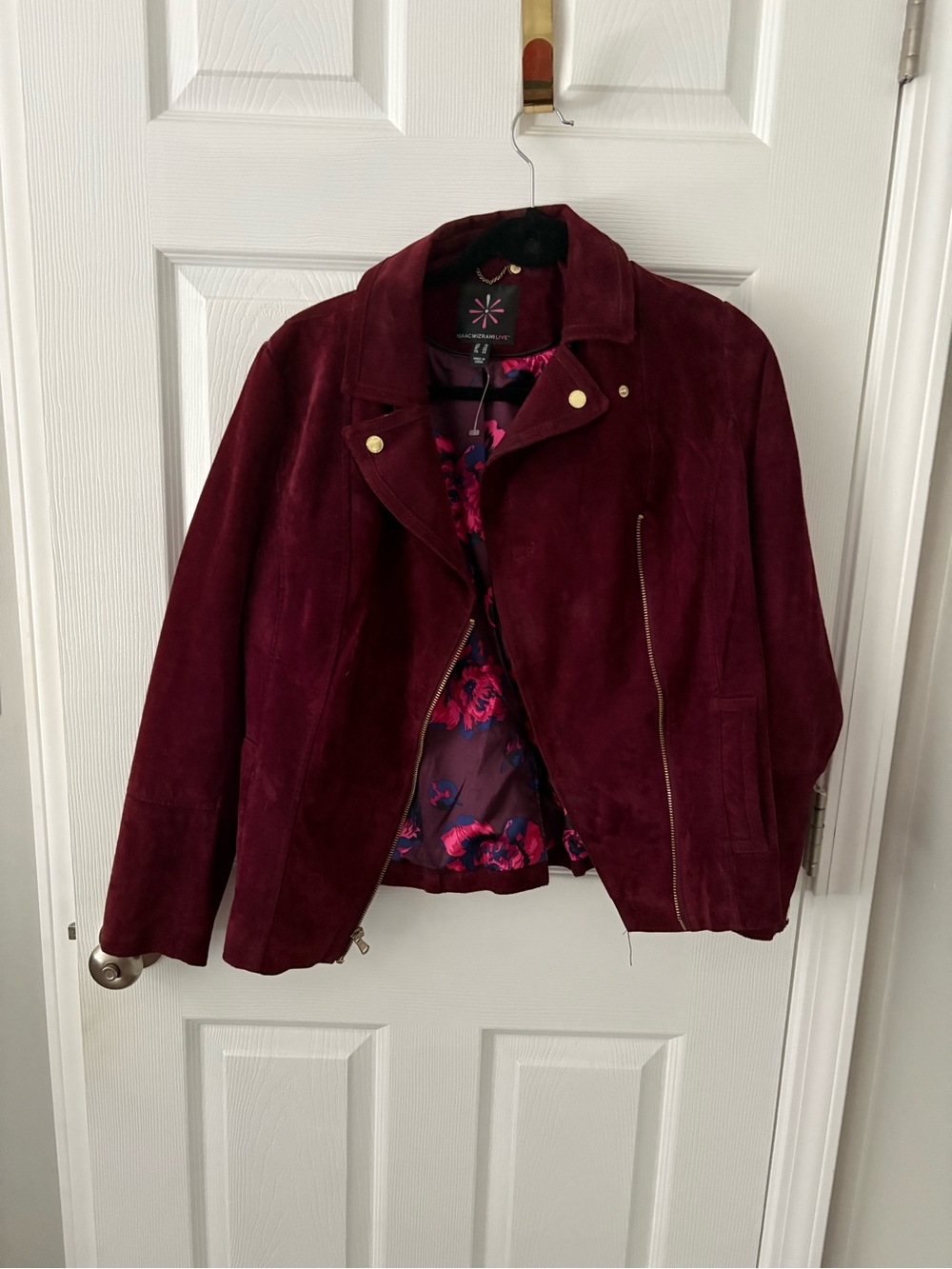 Isaac Mizrahi Live Burgundy Suede Leather Moto Jacket